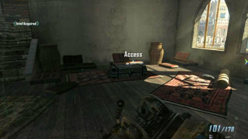 When you get to the abovementioned entrance, quickly turn right and then immediately left, to the stairs leading to the second floor of the tower - Mission 08: ACHILLES' VEIL - Missions: Walkthrough - Call of Duty: Black Ops II - Game Guide and Walkthrough