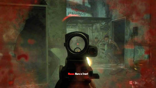 As soon as you regain control over the character, immediately start to shoot at the enemies in the opposite corridor (picture above) and at the same time keep moving left to hide - Mission 07: SUFFER WITH ME - Missions: Walkthrough - Call of Duty: Black Ops II - Game Guide and Walkthrough