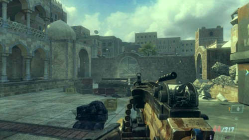 You will come out to a small courtyard that will be swarming with enemy soldiers in a moment - Mission 08: ACHILLES' VEIL - Missions: Walkthrough - Call of Duty: Black Ops II - Game Guide and Walkthrough