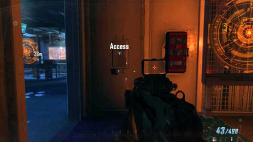 Go in through the first door on the right and be ready to quickly overpower an enemy if any comes running to you here - Mission 09: ODYSSEUS - Missions: Walkthrough - Call of Duty: Black Ops II - Game Guide and Walkthrough