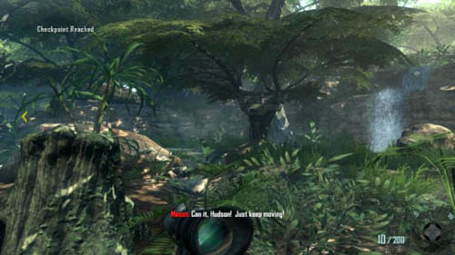When you put Woods on the ground, look for a sniper rifle - it's by the storage with a word Access, where youll find animal traps - Mission 01: PYRRHIC VICTORY - Missions: Challenges - Call of Duty: Black Ops II - Game Guide and Walkthrough