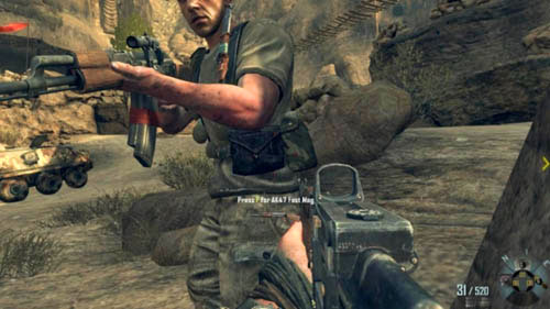 This is a perfect hiding place - as soon as any enemy runs out from the left side of the rock, immediately kill him with the sword (picture above) - Mission 03: OLD WOUNDS - Missions: Challenges - Call of Duty: Black Ops II - Game Guide and Walkthrough