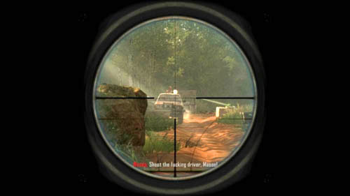 When playing as Mason you've cleared the village and driven out to the road leading south, and the area around turns green, prepare the sniper rifle - Mission 04: TIME AND FATE - Missions: Challenges - Call of Duty: Black Ops II - Game Guide and Walkthrough