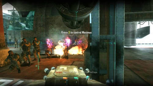Due to the fact that the survival of your robot is necessary to pass the next challenge, you have to watch out for the soldiers with RPGs in the courtyard, who will shoot rockets at you through the garage door on the left - Mission 05: FALLEN ANGEL - Missions: Challenges - Call of Duty: Black Ops II - Game Guide and Walkthrough
