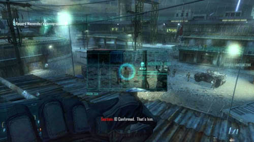 During the first attempt, when you are looking at the courtyard, Menendez, who's wearing a light-colored suit, will get out of one of the three jeeps and after a while he will stand nearby - Mission 05: FALLEN ANGEL - Missions: Challenges - Call of Duty: Black Ops II - Game Guide and Walkthrough