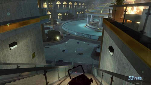 The outdoor area is the last part of the level, namely, the one you'll find yourself in after going down the big stairs and exiting the shopping center - Mission 06: KARMA - Missions: Challenges - Call of Duty: Black Ops II - Game Guide and Walkthrough