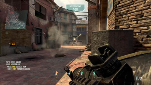 After getting rid of the opponent in (5), go further, sticking to the right wall, take out the rocket launcher and hide behind the low, concrete pillar on the right - Strike Force 04: DISPATCH - Strike Force: Walkthrough - Call of Duty: Black Ops II - Game Guide and Walkthrough
