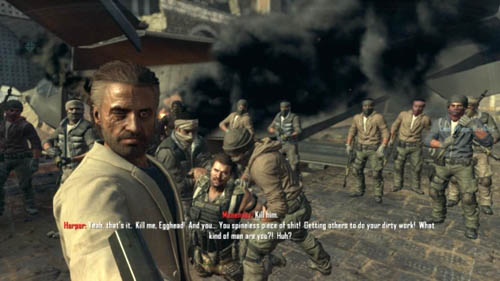 A moment later, when Menendez will give Farid the gun and tell him to shoot Harper, if DeFalco is alive, he'll ask Farid if everything is OK (first picture above) - Mission 08 - ACHILLES VEIL - Decisions, consequences, endings - Call of Duty: Black Ops II - Game Guide and Walkthrough