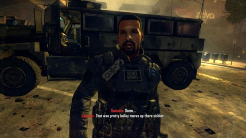 When you get up after the parachute jump and landing, if Harper is alive, he'll come to you driving the ambulance, get out and congratulate you using a strong language (first picture above) - Mission 10 - CORDIS DIE - Decisions, consequences, endings - Call of Duty: Black Ops II - Game Guide and Walkthrough