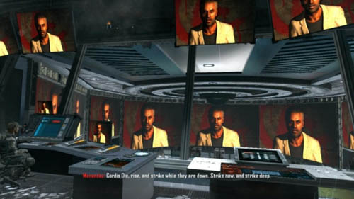 If Harpers is alive, of course, he will be there next to you when you are watching Menendez's transmission (first picture above), and he will remain with you until the end of the mission - Mission 11 - JUDGMENT DAY - Decisions, consequences, endings - Call of Duty: Black Ops II - Game Guide and Walkthrough