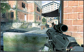 You will pass a building with a ladder #1, if you decide to go up, kill the hidden enemy through the door - Act I - Takedown - Campaign - Call of Duty: Modern Warfare 2 - Game Guide and Walkthrough