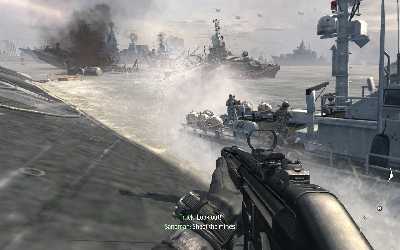 Jump to the pontoon and start swimming behind allied soldiers (you must stay close to them) and pass by obstacles - [Act I] Hunter Killer - Walkthrough - Call of Duty: Modern Warfare 3 - Game Guide and Walkthrough