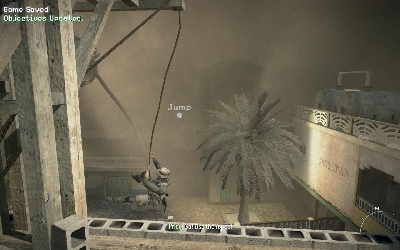 On the rooftop use air support (press 4) and when the chopper is destroyed turn around, move toward roof's verge and jump on the rope - [Act II] Return to Sender - Walkthrough - Call of Duty: Modern Warfare 3 - Game Guide and Walkthrough