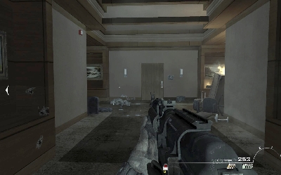 Use stairs to get on the higher floor and move toward the wooden doors at the end of the corridor - [Act III] Scorched Earth - Walkthrough - Call of Duty: Modern Warfare 3 - Game Guide and Walkthrough
