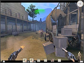 Now you will have to choose a small passageway that should be located between two buildings (#1) - Chapter III: Level 1 Walkthrough - Chapter III - Call of Juarez - Game Guide and Walkthrough