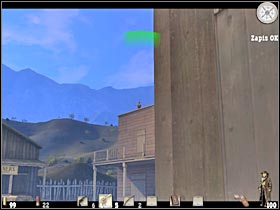 The second bandit is standing on an upper balcony (#1), so you shouldn't have any problems killing him - Chapter III: Level 2 Walkthrough - Chapter III - Call of Juarez - Game Guide and Walkthrough