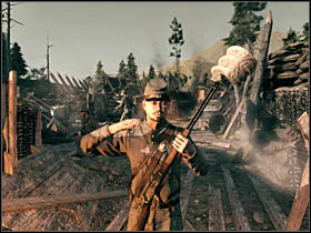 After taking control of your character [1] go straight, right behind the corner you will encounter soldiers and you will get a short conversation - Chapter I - Walkthrough - part 1 - Call of Juarez: Bound in Blood - Game Guide and Walkthrough