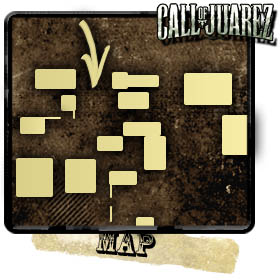 The map is showing the layout of the building and the arrow the direction which you follow - Chapter V - Walkthrough - Call of Juarez: Bound in Blood - Game Guide and Walkthrough