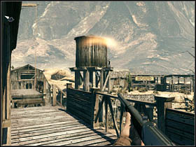 To follow your target go upstairs [secret] and then go outside, on the balcony (killing two gunslingers) - Chapter V - Walkthrough - Call of Juarez: Bound in Blood - Game Guide and Walkthrough