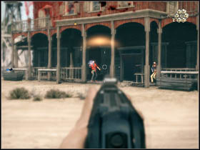 Opponents will appear mostly on roofs of nearby buildings and will attack from all direction (except of that buildings which will be the nearest mountains) so that's way you should hide (do not stay in the central part of that square) - Chapter VII - Walkthrough - part 2 - Call of Juarez: Bound in Blood - Game Guide and Walkthrough