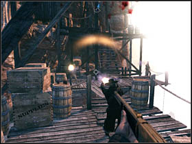In that way you will reach the place where a lift to the bottom of the scaffolding will be started and the first opponents (except of those who attacked you after leaving the shed) will strike - Chapter IX - Walkthrough - part 1 - Call of Juarez: Bound in Blood - Game Guide and Walkthrough