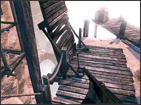 After reaching the first special task for Thomas, take out the lasso and use it in order to get on the other side of the wooden footbridge (this activity will be triggered a bit further and you will be forced to come back to that place by taking the stairs) - Chapter IX - Brothers - Call of Juarez: Bound in Blood - Game Guide and Walkthrough