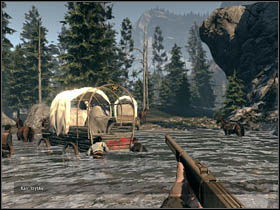 A bit further going down the hill you will reach a river and one of the wagons will get stuck [secret] during covering the water - Chapter X - Walkthrough - Call of Juarez: Bound in Blood - Game Guide and Walkthrough