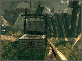 The first secret is in a place where you will be spotted by enemies (during a short cut-scene, inside the village) - Chapter XI - Secrets - Call of Juarez: Bound in Blood - Game Guide and Walkthrough
