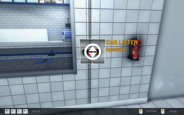 Right by door there is car lifter's operator which allows you to get to the car's chassis - Second garage - Garage walks - Car Mechanic Simulator 2014 - Game Guide and Walkthrough