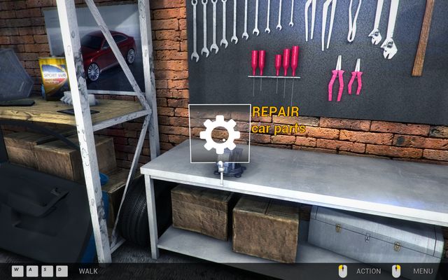 Table with tools and vise gives you access to the repair panel where you bring chosen parts to the state of usability and use during the another orders - First garage - Garage walks - Car Mechanic Simulator 2014 - Game Guide and Walkthrough