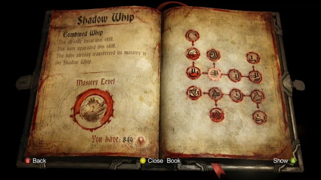 Shadow Whip upgrade window. - Shadow Whip - Equipment and Upgrades - Castlevania: Lords of Shadow 2 - Game Guide and Walkthrough