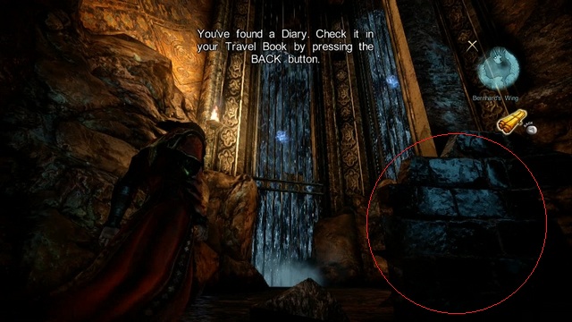 Waterfalls leading to a Pain Box - red marker points the location of a Soldier Diary. - Mission 1 - Bioquimek Corporation - The Main Campaign - walkthrough - Castlevania: Lords of Shadow 2 - Game Guide and Walkthrough
