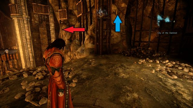 The red arrow leads to the wolf, the blue one to the keyhole for the Dungeon Key - Mission 2 - The Three Gorgons - The Main Campaign - walkthrough - Castlevania: Lords of Shadow 2 - Game Guide and Walkthrough