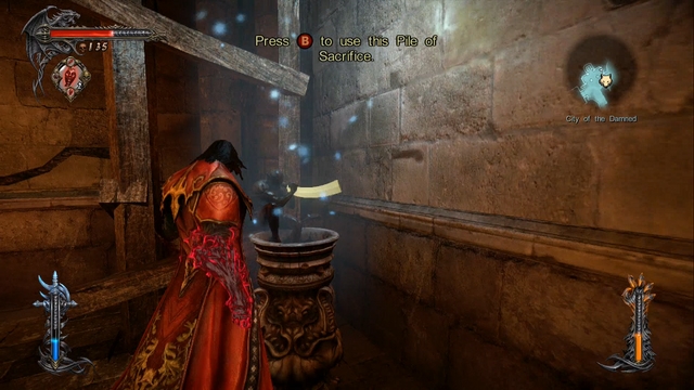 First Pile of Sacrifice in the game is located at the entrance to the elevator leading to the Chupacabras store. - Mission 3 - The Antidote - Piles of Sacrifice and Dungeon Keys - First pass - Castlevania: Lords of Shadow 2 - Game Guide and Walkthrough
