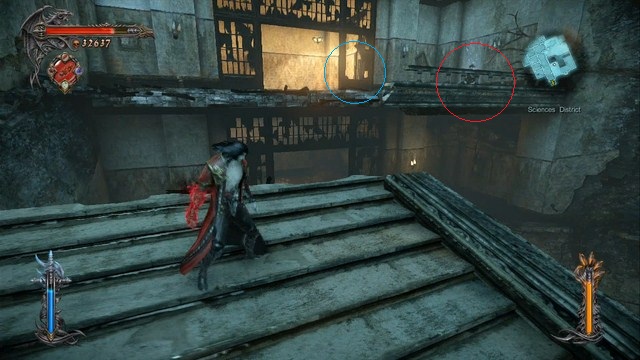 Red marker indicates the location of a Pain Box, the blue one of a keyhole. - Sciences District - Collectibles - second pass - Castlevania: Lords of Shadow 2 - Game Guide and Walkthrough
