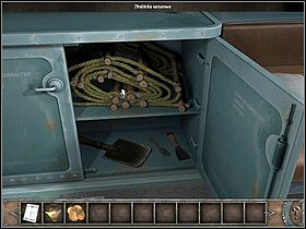 After reaching the destination, go to the cabinet on the right (zoom), open it and take the rope ladder, camp shovel, brush and spatula - Walkthrough - Bimini Island - Landing field - Bimini island - Chronicles of Mystery: The Tree of Life - Game Guide and Walkthrough