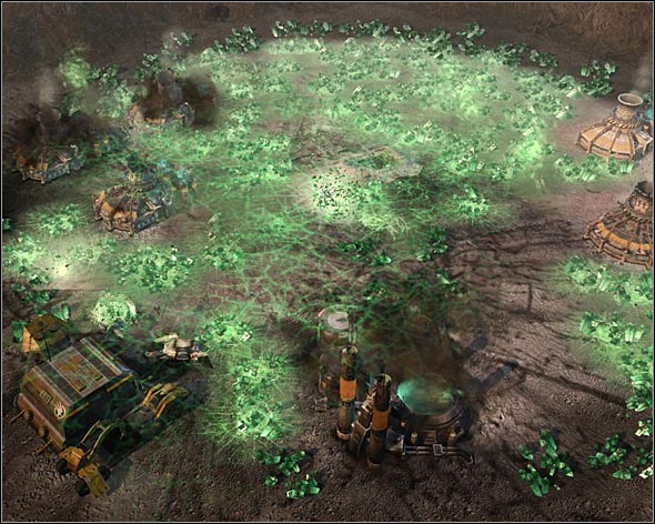 Destroying the Tiberium fields should initiate a chain reaction that should damage all nearby buildings. - Tacitus Interruptus - Act 2 - Command & Conquer 3: Kanes Wrath - Game Guide and Walkthrough
