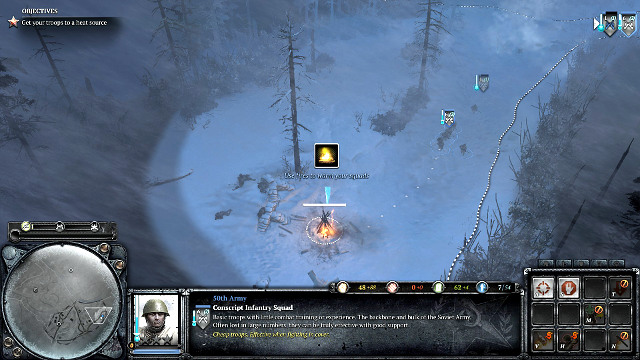 The blue thermometer signals that the squad is freezing and it needs warming up at fire - Mission 04 - The Miraculous Winter - The Campaign Mode - Company of Heroes 2 - Game Guide and Walkthrough