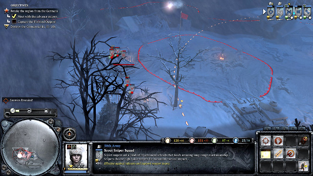 So, just like before, keep moving, camouflaged, from cover to cover and kill out another outpost - Mission 04 - The Miraculous Winter - The Campaign Mode - Company of Heroes 2 - Game Guide and Walkthrough
