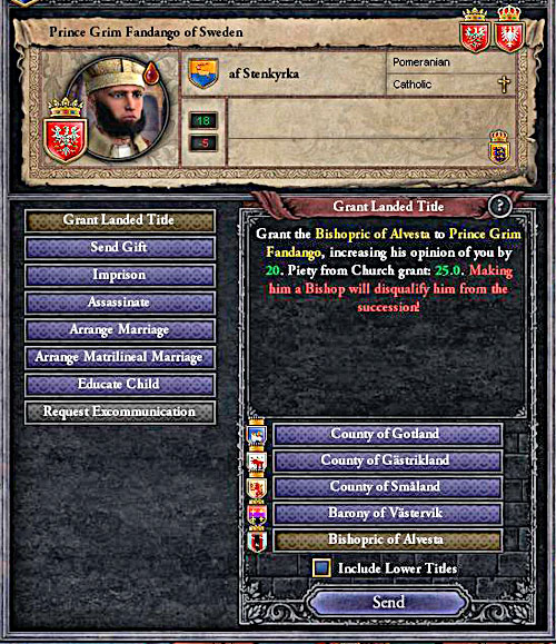Confering a bishopric is the easiest way of eliminating someone from the succession. - Basics - House - Crusader Kings II - Game Guide and Walkthrough