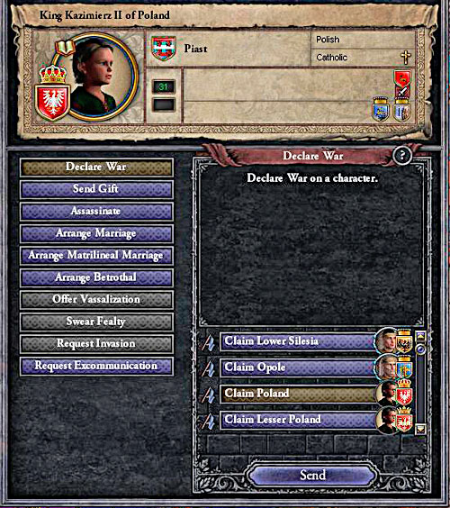 If you arent patience enough to slaughter dozen members of the family, you may begin the war for the rights for your favorite one. - Succession - House - Crusader Kings II - Game Guide and Walkthrough