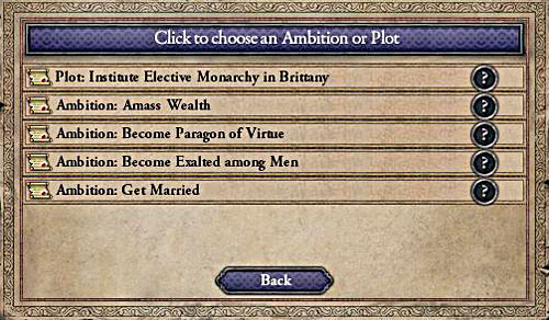 Only beginning ambitions differ. Later they are limited to assassinations. - Ambitions and conspiracies - Intrigues - Crusader Kings II - Game Guide and Walkthrough