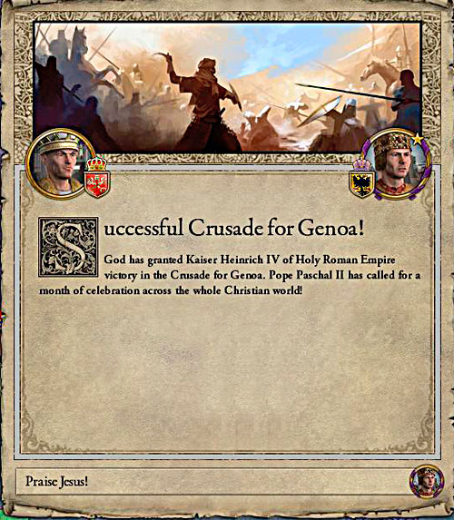 Victory in the crusade make the pope very happy. - Crusade - Religion - Crusader Kings II - Game Guide and Walkthrough