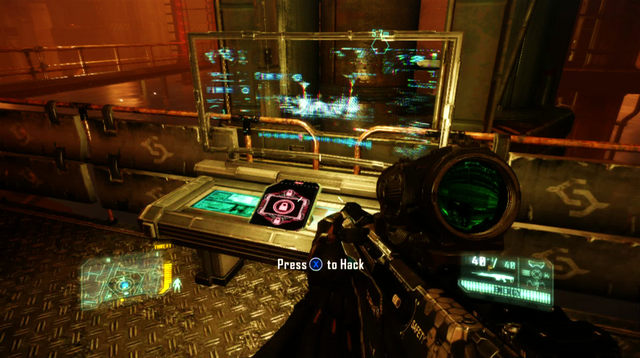 After you restore pressure in both pieces of equipment, on your way back from the elevator, a turret will activate - Disable the Nexus system - The Root of All Evil - Crysis 3 - Game Guide and Walkthrough