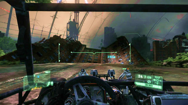 Some two hundred meters ahead of the target, you will have to drive onto the toppled building to get to the other side - Meet up with Claire - Red Star Rising - Crysis 3 - Game Guide and Walkthrough