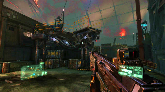On the base's left side, climb the stairs to mount the platform shown in the above screenshot, to reach the control panel that you need to use to lower the bridge - Locate the command center entrance - Red Star Rising - Crysis 3 - Game Guide and Walkthrough