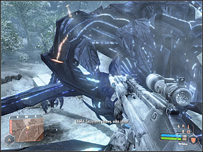 I would recommend using a Gauss rifle to injure the creature, however you can also use your rocket launcher (screen) - Killing the exosuit - Mission 3: Adapt or Perish - Crysis Warhead - Game Guide and Walkthrough