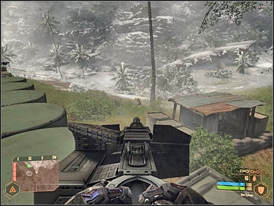 Keep looking at the second train, because a new soldier will be using a similar heavy machine gun post (screen) - Staying near the train #2 II - Mission 6: From Hell's Heart - Crysis Warhead - Game Guide and Walkthrough