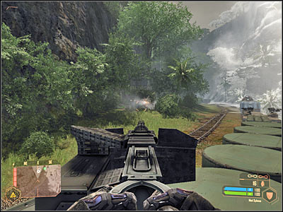 Turn the cannon to your right QUICKLY and dispose of an enemy sniper (screen) - Staying near the train #2 II - Mission 6: From Hell's Heart - Crysis Warhead - Game Guide and Walkthrough