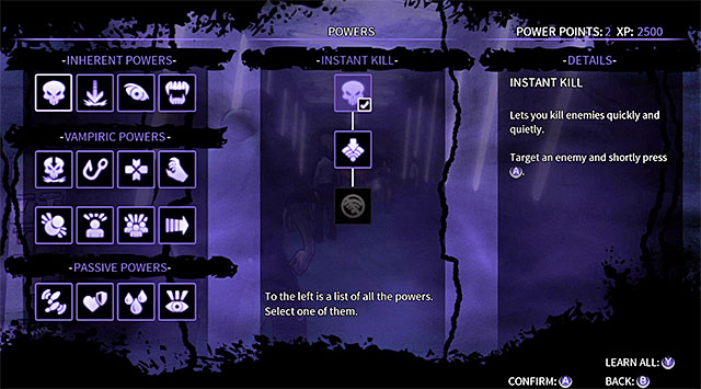 Menu used to unlock new vampiric powers and upgrades - Salvation - Chapter 0 - DARK - Game Guide and Walkthrough